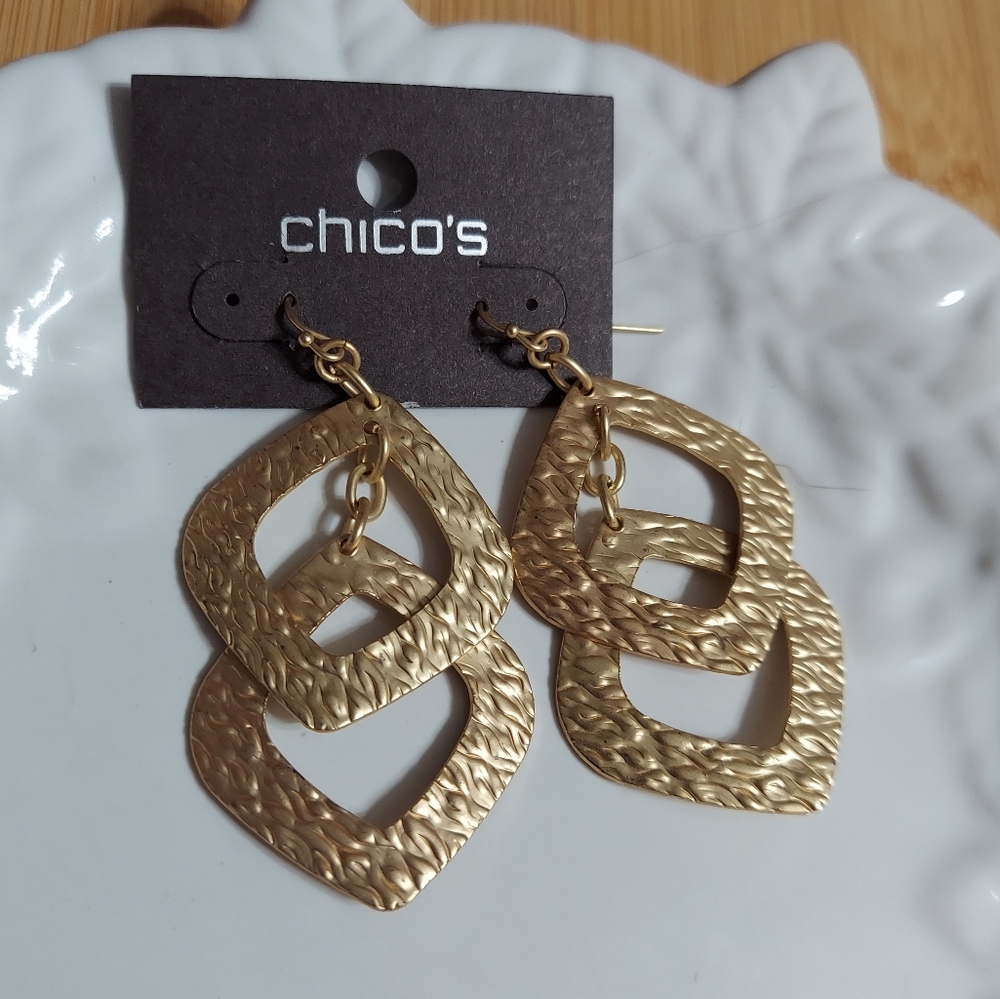 Chico's Elegant Frosted, Textured Gold Tone/Open Geometric Drop Earrings